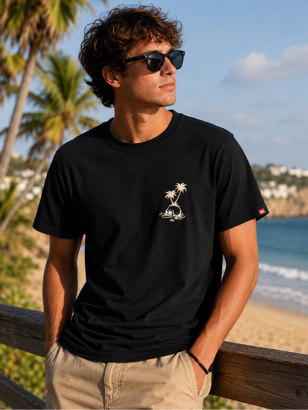 Quiksilver Black Tee with Small Cream Palm Graphic